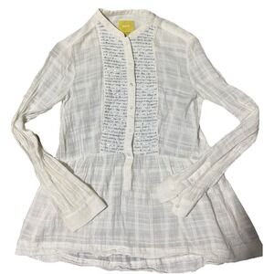 MAEVE By Anthro SZ 2 WHITE SEQUIN LONG SLEEVE HALF BUTTON BOHO PELPUM BLOUSE